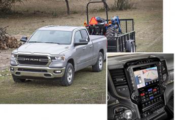 High-tech features on the 2019 Ram include adaptive cruise control and a 12" touch screen with 3-D map graphics that can be split into two screens.