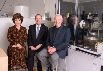 Lynda Resnick (from left), Caltech President Thomas Rosenbaum and Stewart Resnick, announce a $750 million commitment to the university for sustainability research.