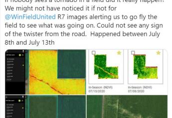 "If nobody sees a tornado in a field did it really happen? We might not have noticed it if not for @WinFieldUnited R7 images alerting us to go fly the field to see what was going on" says the team on Twitter. 