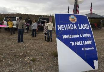 Demonstrators gather near Cliven Bundy's ranch outside of Bunkerville,Nev., Saturday to protest President Barack Obama's declaration of the Gold Butte National Monument encompassing a 300,000-acre area south of Mesquite on Wednesday.