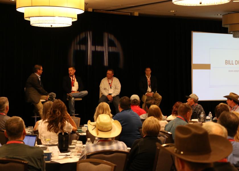 Presenters share ways to maximize profit potential through traditional and digital
avenues. Pictured (l to r): Mark Core, Vermeer Corporation, Bill Dunn, Dunn Herefords, Mark Johnson,
Producers Livestock Marketing, Jason Barber, Superior Livestock.