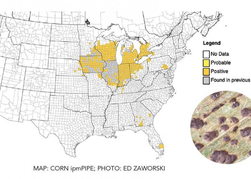 Since 2015, tar spot has expanded its footprint from Illinois, Indiana, and other midwestern states and notably Nebraska, Georgia, Kentucky, and Pennsylvania added confirmed fields this year.  