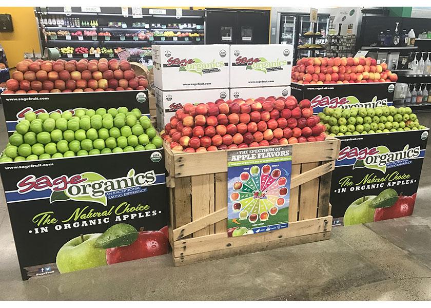 Sage Fruit organic apple retail displays.