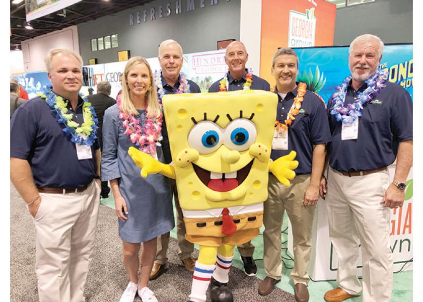 The Bland Farms team stands with SpongeBob at Fresh Summit 2019 after announcing a partnership with the brand for the upcoming Vidalia onion season.
