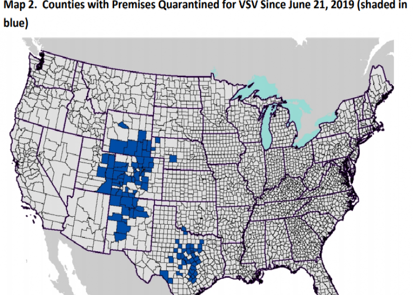 The 2019 outbreak has been confined to seven Western states; Colorado, Nebraska, New Mexico, Oklahoma, Texas, Utah, and Wyoming, with nearly all confirmed cases affecting equines rather than cattle.