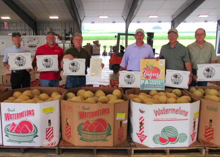 The governor's PA Produce Month proclamation was presented at Buffalo Valley Produce Auction in Mifflinburg, Pa., including (left to right) William Pyle, auction board president; Scott Hoffman, Vegetable Marketing and Research Program vice chairman; Neil Courtney, auction manager; Russell Redding, Pennsylvania secretary of Agriculture; William Troxell, Vegetable Program exec. secretary; and John Esslinger of Penn State Extension.