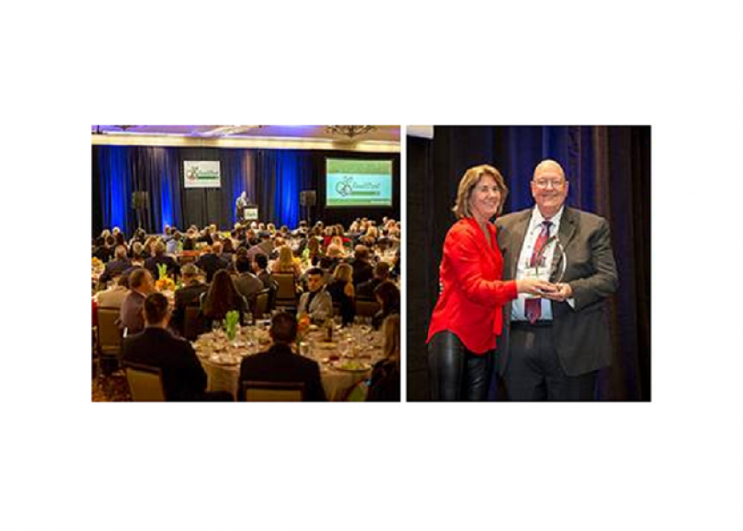Cindy Jewell, United Fresh chairwoman and vice president of marketing for California Giant Berry Farms, presents Ron Carkoski with the 2019 Lifetime Achievement Award at the United Fresh Produce Association’s FreshStart in January.