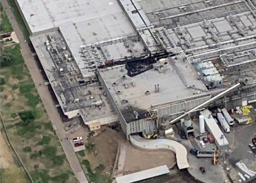 Aerial photo showing damage to the roof of Tyson's Finney County beef plant.