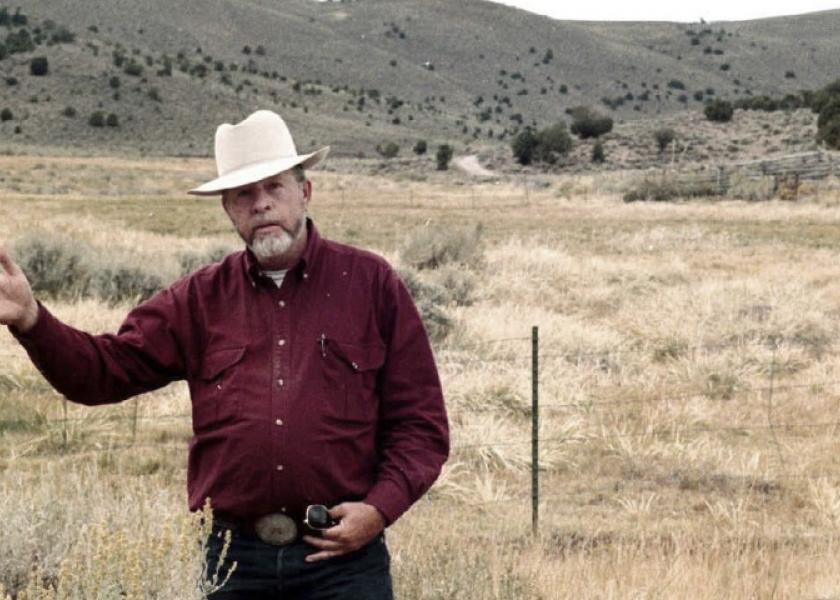 This Nov. 1997 file photo, rancher Wayne Hage, a longtime Sagebrush Rebellion figure who died in 2006, is shown in the area where federal agents seized 100 head of his cattle in 1991, in Meadow Canyon near Tonopah, Nev.